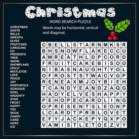 Educational game for children. Christmas word search puzzle. Worksheet for learning English about Christmas holidaysのイラスト素材