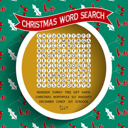 Christmas word search puzzle.Logic game for learning English. Education play for children about winter holidays. Vector illustrationのイラスト素材