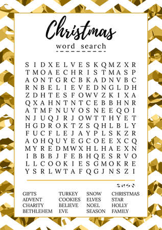 Christmas word search puzzle. Logic game. Gold glitter textureのイラスト素材