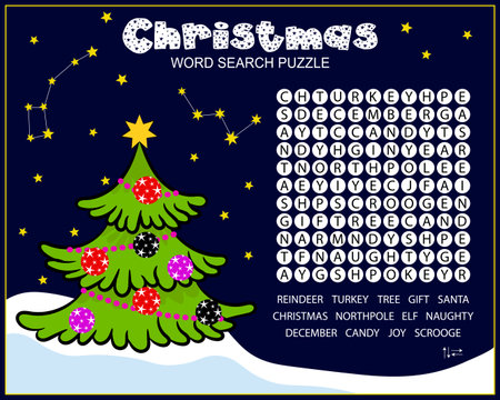 Christmas word search puzzle. Educational game for children. Worksheet for learning English about Christmas holidaysのイラスト素材