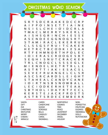 Educational game for children. Christmas word search puzzle. Worksheet for learning English about Christmas holidays. Vector illustrationのイラスト素材