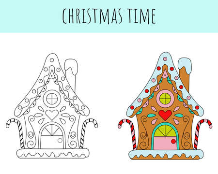 Holiday coloring page gingerbread house. Christmas coloring book for children. Festive leisure with children. Drawing game for kids. Vector illustrationのイラスト素材