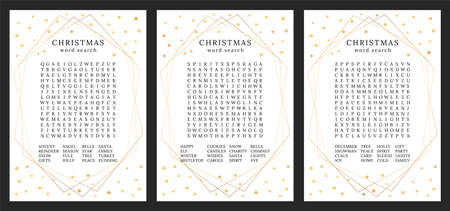 Collection of Christmas word search puzzles. Logic games for adults and teenagers. Activities ideas suppliesのイラスト素材