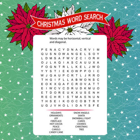 Christmas word search puzzle.Logic game for learning English. Education play for children about winter holidays. Activities Ideas Supplies. Poinsettia flowers and stars.のイラスト素材