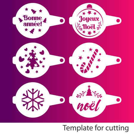 Collection of Christmas coffee stencils. French text for Merry Christmas, Joyeux Noel, Bonne Annee, New Year. Silhouettes of Christmas tree, candy cane, snowflake. Template for cutting.のイラスト素材