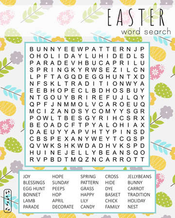 Easter word search puzzle with basket. Educational game for kids. Holiday crossword. Party card. Festive colorful worksheet for learning English words.のイラスト素材