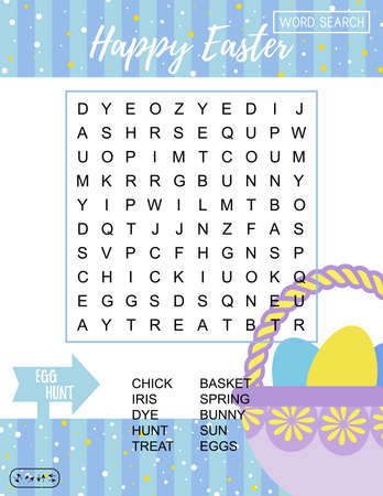 Happy Easter word search puzzle with basket. Educational game for kids. Holiday crossword. Party card. Festive colorful page worksheet for learning English words. Vector illustrationのイラスト素材