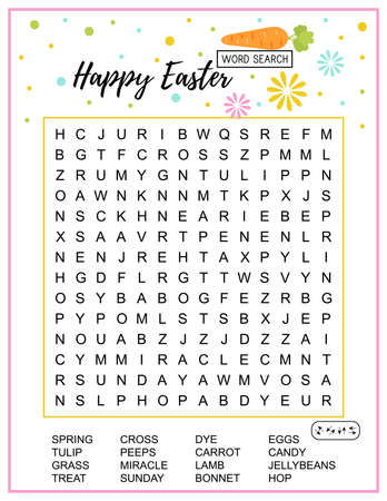 Happy Easter word search puzzle. Educational game for kids. Holiday crossword. Party card. Festive colorful page worksheet for learning English words. Vector illustrationのイラスト素材