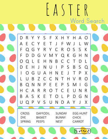 Easter word search puzzle. Printable educational game for kids. Funny holiday crossword. Festive colorful worksheet for learning English words. Vector illustrationのイラスト素材