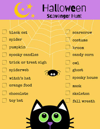 Halloween scavenger hunt. Funny game for kids. Printable worksheet. Black cat and spider. Activities ideas supplies.のイラスト素材