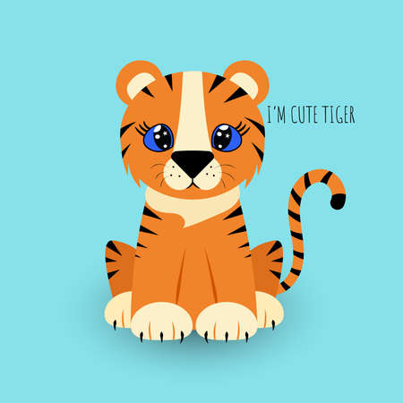 Cute cartoon baby tiger. Printing for children's T-shirts, posters, cards. Vector illustration isolated on a blue background.のイラスト素材