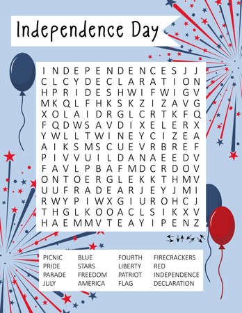 Independence Day (4th July) word search puzzle for learning English words. Holiday crossword. Logic game. Patriotism theme. Suitable for social media post. Printable worksheet. Vector illustration.のイラスト素材