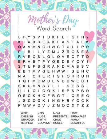 Beautiful Mother's Day word search puzzle. Educational game. Spring crossword suitable for social media post. Party card. Printable colorful worksheet for learning English words. Vector illustrationのイラスト素材