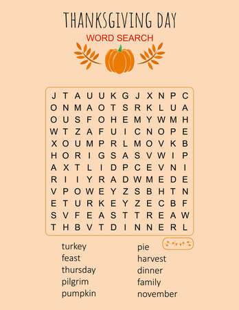 Thanksgiving Day word search puzzle. Logic game for learning English words. Holiday festive crossword. Printable activity sheet. Vector illustration. Worksheet about autumnのイラスト素材