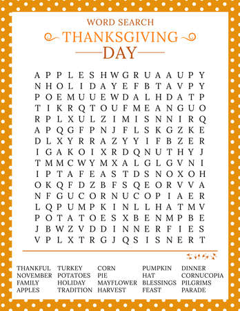 Thanksgiving Day word search puzzle. Logic game for learning English words. Holiday festive crossword. Printable activity sheet. Vector illustration. Worksheet about autumnのイラスト素材