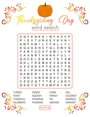 Thanksgiving Day word search puzzle. Logic game for learning English words. Holiday festive crossword. Printable activity sheet. Vector illustration. Worksheet about autumnのイラスト素材