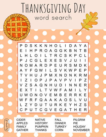 Thanksgiving Day word search puzzle. Logic game for learning English words. Holiday festive crossword. Printable activity sheet. Vector illustration. Worksheet about autumnのイラスト素材