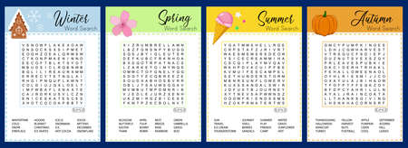 Collection of Seasons word search puzzle. Winter, spring, summer, autumn crossword. Worksheet for learning English.のイラスト素材