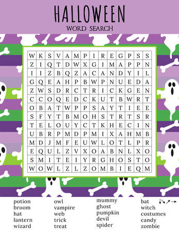 Happy Halloween word search puzzle. October crossword game. Printable worksheet for learning English words. Autumn theme. Find 20 hidden words. Vector illustration. Pattern with ghosts character.のイラスト素材