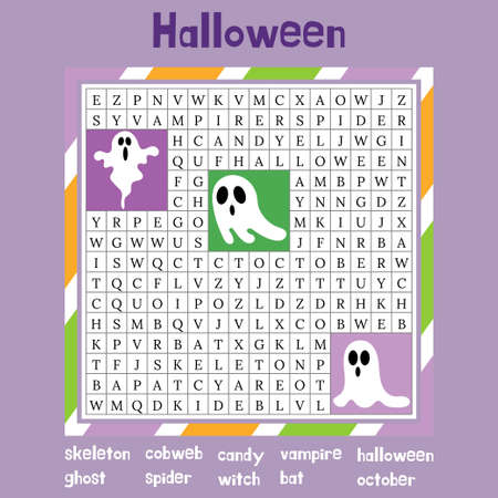 Halloween word search puzzle. October crossword game. worksheet for learning English words. Autumn theme. Find 10 hidden words. Vector illustration of ghost character.のイラスト素材