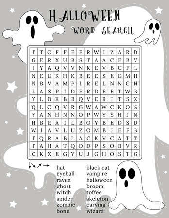 Happy Halloween word search puzzle. October crossword game. Printable worksheet for learning English words. Autumn theme. Find 16 hidden words. Vector illustration with ghosts charactersのイラスト素材