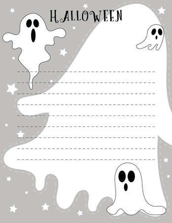 Monochrome Halloween notepad sheet with dashed dotted lines. Notebook blank. Page for notes. Ghosts characters. Cartoon design. Poster, to do listのイラスト素材