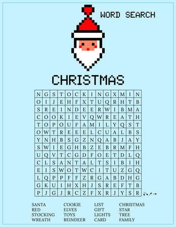 Christmas word search puzzle. Holiday crossword. Printable worksheet for learning English. Educational game. Pixel Santa Claus vector illustration. Find 16 hidden wordsのイラスト素材