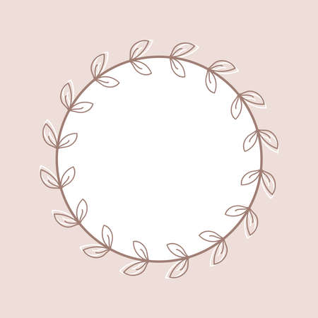 Circle with leaves. Simple floral round wreath. Decorative design element. Doodle frame. Border for invitation, greeting card, quote, wedding. Illustration isolated on pink pastel backgroundのイラスト素材