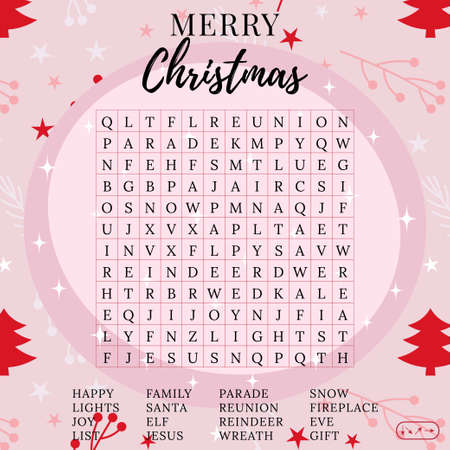 Merry Christmas word search puzzle. Fun colorful printable activity winter game. Holiday party game. Find 16 words. Educational crossword for learning English. Suitable for social mediaのイラスト素材