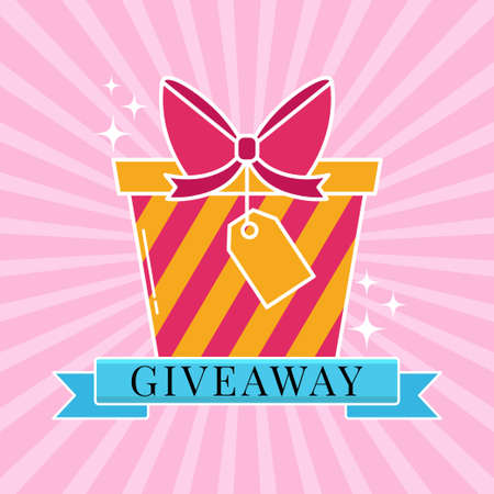 Giveaway poster template design for social media post or website banner. Gift box on pink striped background. Win a prize giveaway. Advertising promo symbol. Vector illustartion.のイラスト素材