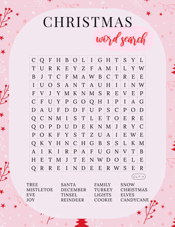 Christmas word search puzzle. Fun colorful printable activity winter game. Cute holiday party game. DIY template. Find 16 words. Educational crossword for learning English. Suitable for social mediaのイラスト素材