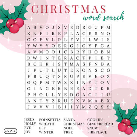 Christmas word search puzzle. Fun colorful printable activity winter game. Cute holiday party game. DIY template. Find 16 words. Educational crossword for learning English. Suitable for social mediaのイラスト素材