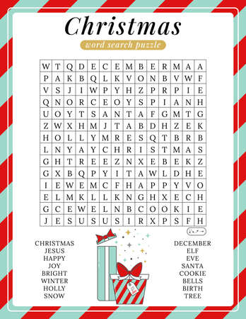 Christmas word search puzzle. Fun colorful printable activity winter game. Cute holiday party game. DIY template. Find 16 words. Educational crossword for learning English. Suitable for social mediaのイラスト素材