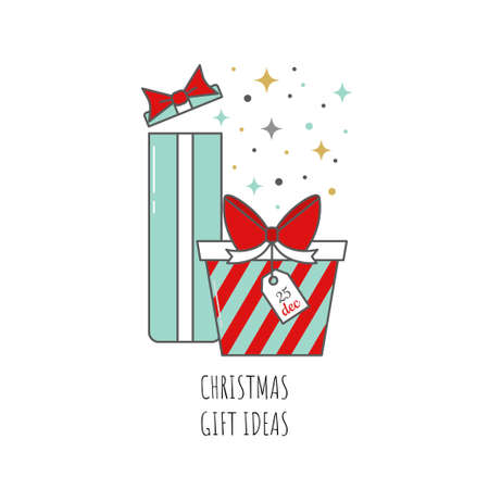 Vector line style with Christmas gift boxes. Cute illustration of gift boxes, presents, greetings. Surprise box flat icon with a bow on white background. Easy to use business template.のイラスト素材