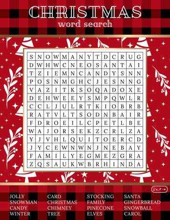 Christmas word search puzzle. Fun printable activity winter game. Cute holiday party game. DIY template. Find 16 words. Educational crossword for learning English.のイラスト素材
