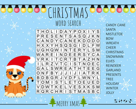 Christmas word search puzzle for learning English words. Crossword about winter holiday. Suitable for social media post. Cute baby tiger. Activity worksheet for kids. Vector illustrationのイラスト素材