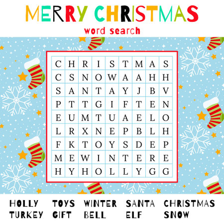 Easy Christmas word search puzzle. Winter holiday crossword. Printable worksheet for learning English. Educational game. Find 10 hidden words. Pattern vector illustration.のイラスト素材