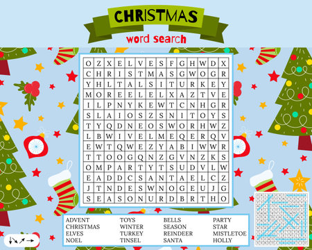 Christmas word search puzzle. Holiday crossword. Printable worksheet for learning English. Educational game. Find 16 hidden words. Pattern vector illustration.のイラスト素材