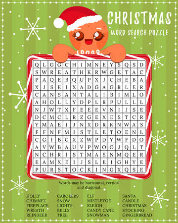 Christmas word search puzzle. Crossword game for children. Printable Ñoliday worksheet for learning English words. Childish educational game page with gingerbread character on green striped backgroundのイラスト素材