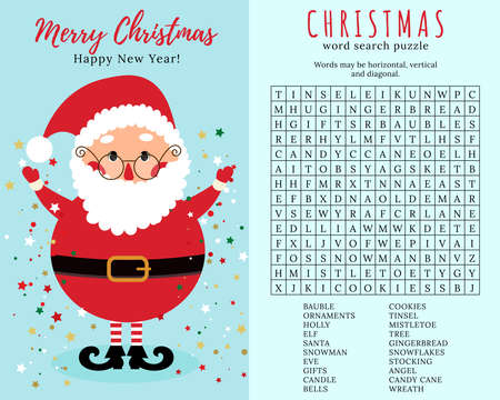 Christmas word search puzzle. Educational game for children. Winter holidays theme learning vocabulary. Crossword with funny Santa Claus. Printable worksheet. Suitable for social media post.のイラスト素材