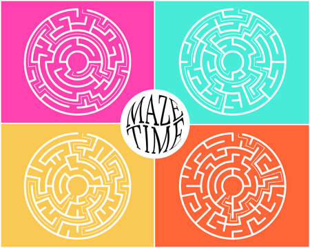 Set of a labyrinth game. Circle maze or puzzle design template. Find the way and right solution for exit. Vector illustrationのイラスト素材