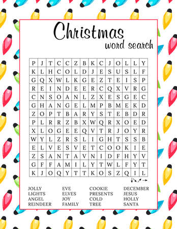 Christmas word search puzzle. Printable worksheet about winter holidays. Educational crossword game for children and adults. Party card. Page for learning English. Xmas vector illustrationのイラスト素材