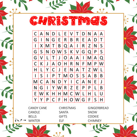 Christmas word search puzzle. worksheet about winter holidays. Educational crossword game for children and adults. Page for learning English. Xmas vector illustration. Pattern with poinsettiaのイラスト素材