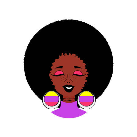 Cartoon pretty Afro american black skin girl isolated. T-shirt apparel design, print. Cartoon Happy Young African American woman with beautiful hair and multi-colored earrings. Abstract portrait.のイラスト素材