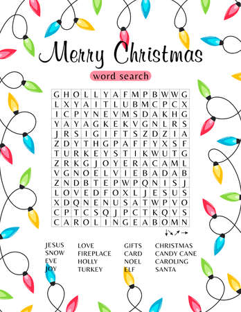 Merry Christmas word search puzzle. Printable worksheet about winter holidays. Educational crossword game for children and adults. Party card. Page for learning English. Xmas vector illustrationのイラスト素材