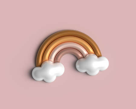Cartoon Boho rainbow spectrum with clouds. Colorful arc with cloud. Weather Phenomenon Concept. 3d rendering. Modern trendy design.の写真素材