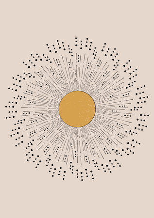 Sun abstract poster. Minimalist trendy modern art, Bohemian hand drawing, esoteric sketch, design for wallpaper, social media, cover, banner, postcard, wall decor, print, fashion. Veのイラスト素材