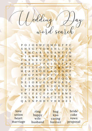 wedding word search puzzle. Bridal shower crossword, trivia, activity card. Engagement, bachelorette party printable. Find 16 hidden words about love and marriage. vector illustrationのイラスト素材