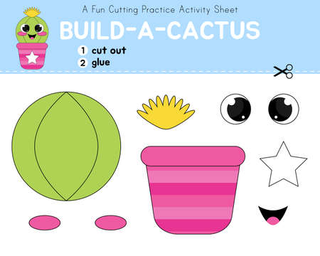 Activity worksheet, build a cactus, cut and glue. Cutting practice for kids. Educational paper game. children's art project. Funny cartoon character.のイラスト素材