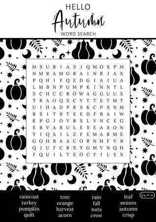 Hello Autumn word search puzzle for children or adults. Crossword activity printable game for learning English words. Suitable for social media post. educational worksheet. learninのイラスト素材